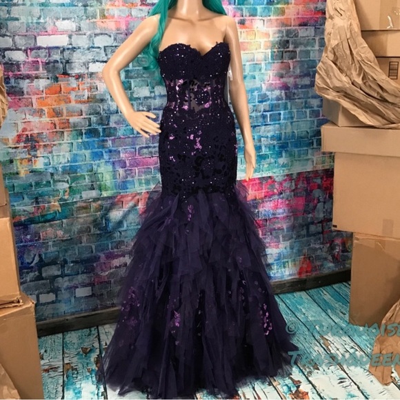 Beautiful Purple Jovani Corset Mermaid tulle dress gown formal designer Size 4 - Picture 9 of 11